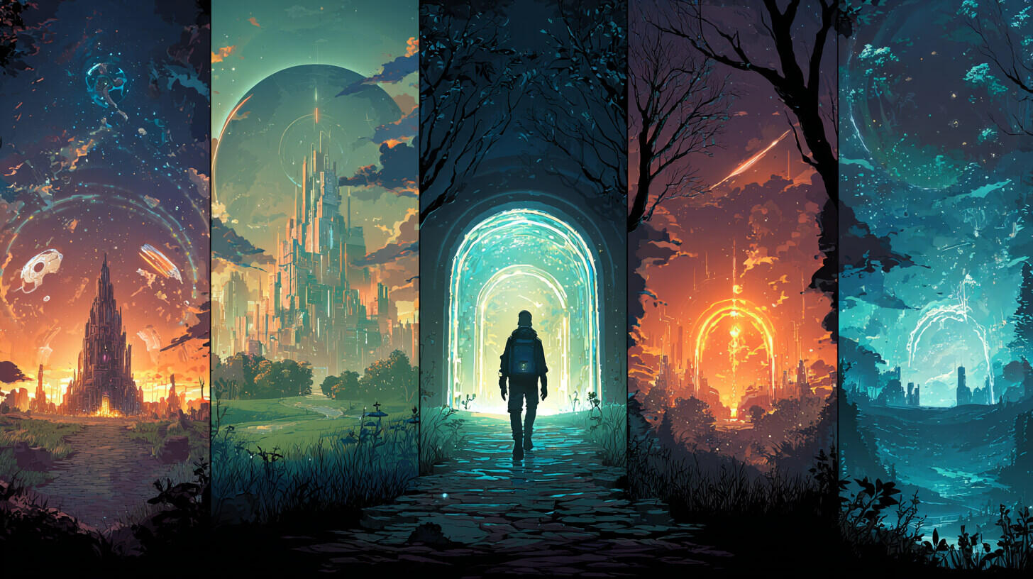 Ilustración de un portal mágico que conecta mundos de fantasía y ciencia ficción, imagen de cabecera de Roll&Story para partidas de rol online (D&D, Cthulhu, Cyberpunk).