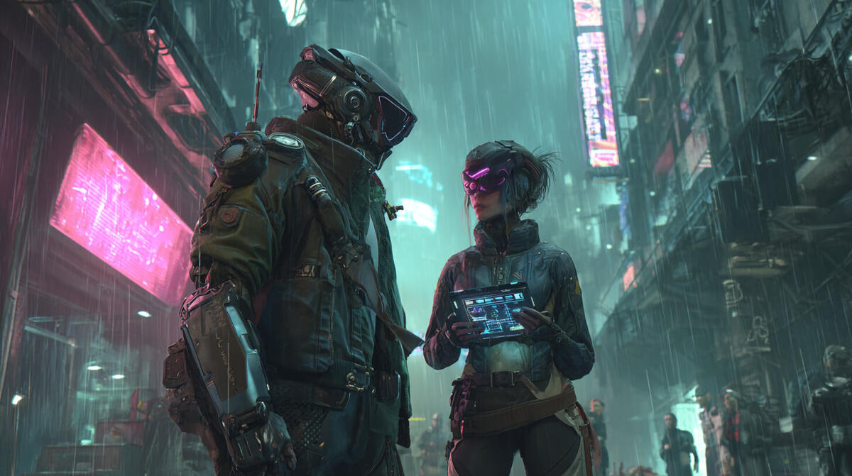 Protocolo Zero Absoluto – Campaña corta de rol online Ilustración futurista de dos personajes con trajes tecnológicos, representa la campaña de rol online Protocolo Zero Absoluto, una historia de suspense y nanotecnología