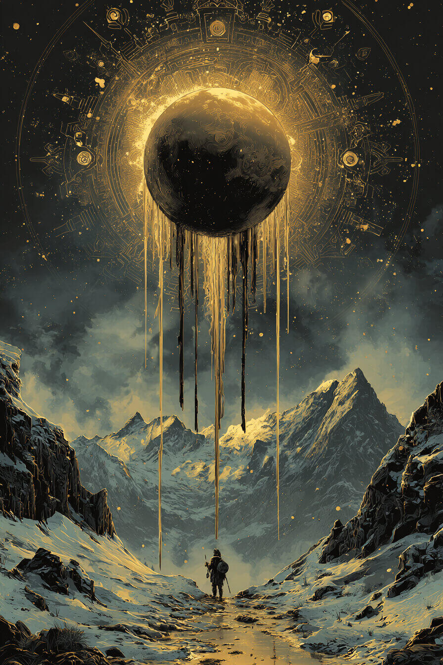 Cuando el Sol Lloró – Capítulo III de Crónicas del Abismo Ilustración de un paisaje andino bajo un sol eclipsado que derrama luz dorada sobre las montañas. Imagen de la mini-campaña de rol online “Cuando el Sol Lloró” de Roll&Story, capítulo final de la trilogía Crónicas del Abismo, una historia de horror cósmico