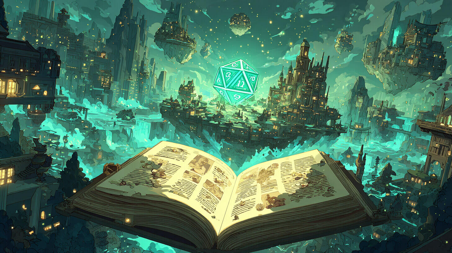 Partidas de rol a medida para tu grupo – Roll&Story Ilustración de un libro abierto y un dado d20 flotando sobre una ciudad fantástica, representa las partidas de rol personalizadas de Roll&Story, diseñadas según el sistema y estilo que elija cada grupo.
