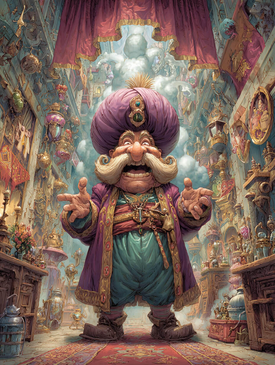 Partidas de rol a medida para tu grupo – Roll&Story Ilustración de un mercader fantástico con túnica y turbante en un mercado lleno de colores. Imagen promocional de la partida gratuita de rol online “El Genio que no daba ni una”, disponible en Roll&Story.